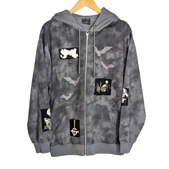 NWT GHOST Band Zip Up Hoodie Jacket Sz M Gray Patches Bat Embellished Hoy Topic - Picture 1 of 10